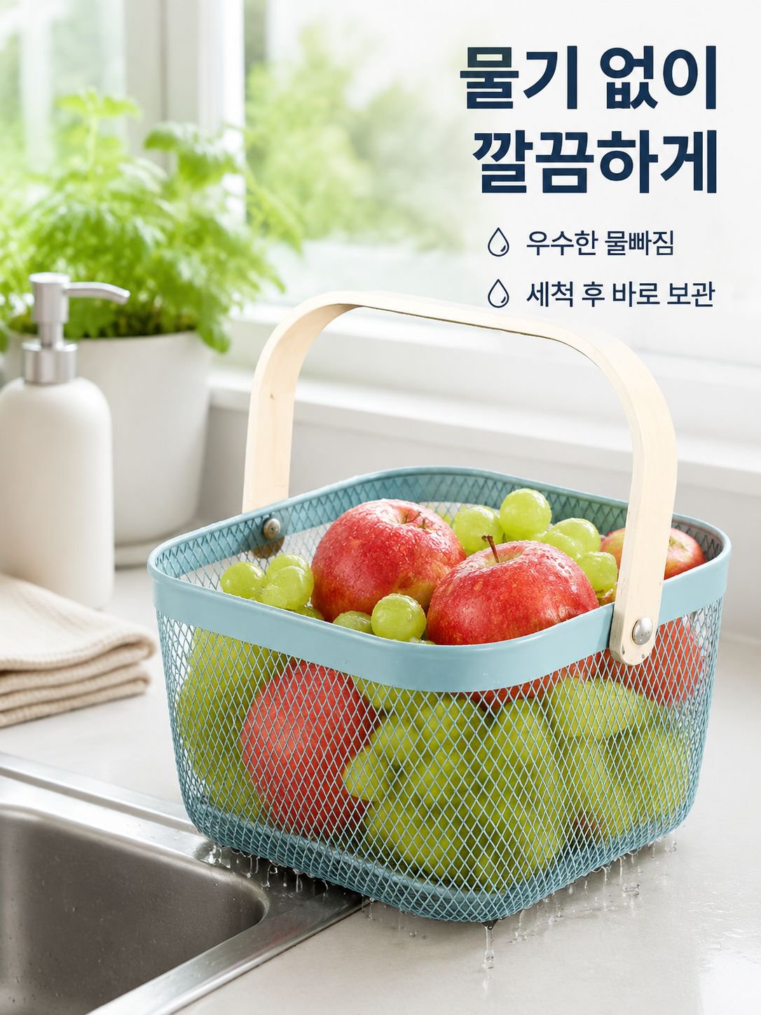 다용도 수납 철제 바구니 나무 손잡이 과일 바구니 물빠짐 바구니