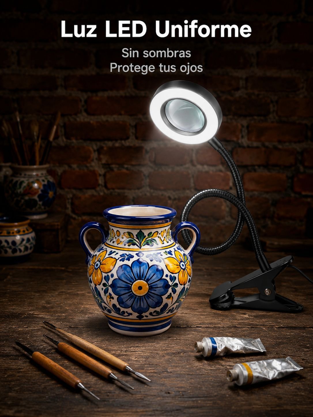 Lámpara de aumento 10x con soporte y luz LED, ideal para lectura y trabajo