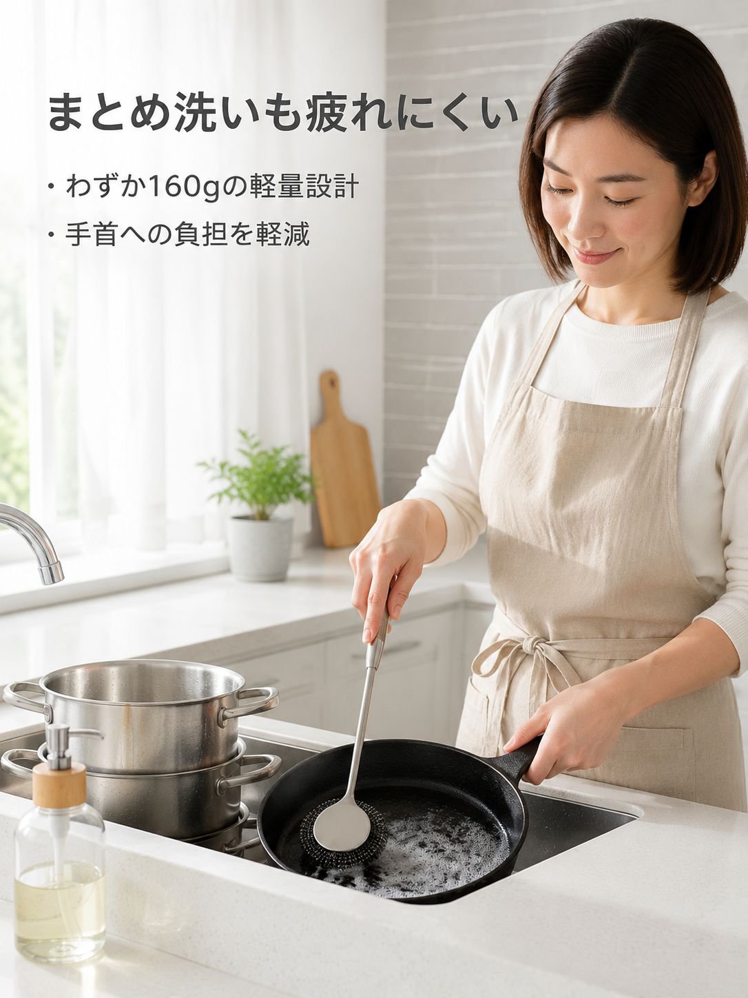 長柄クリーニングブラシで鍋を磨く様子