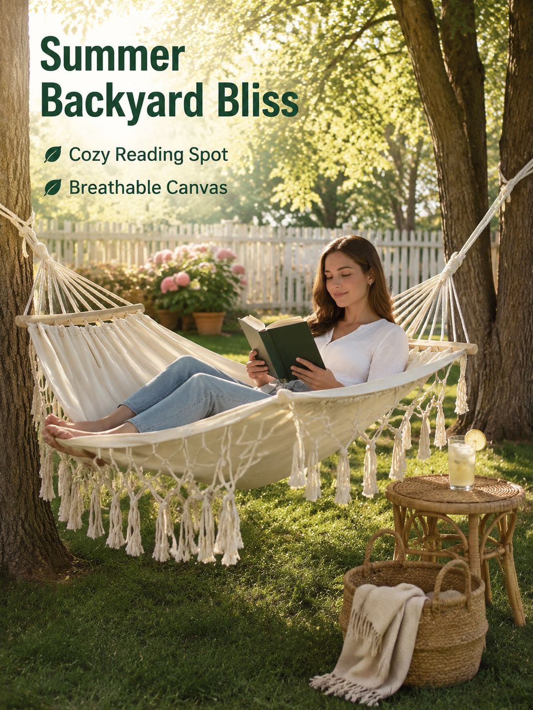 Outdoor Anti-Rollover Canvas Hammock with Tassels for Adults, Perfect for Picnic & Camping