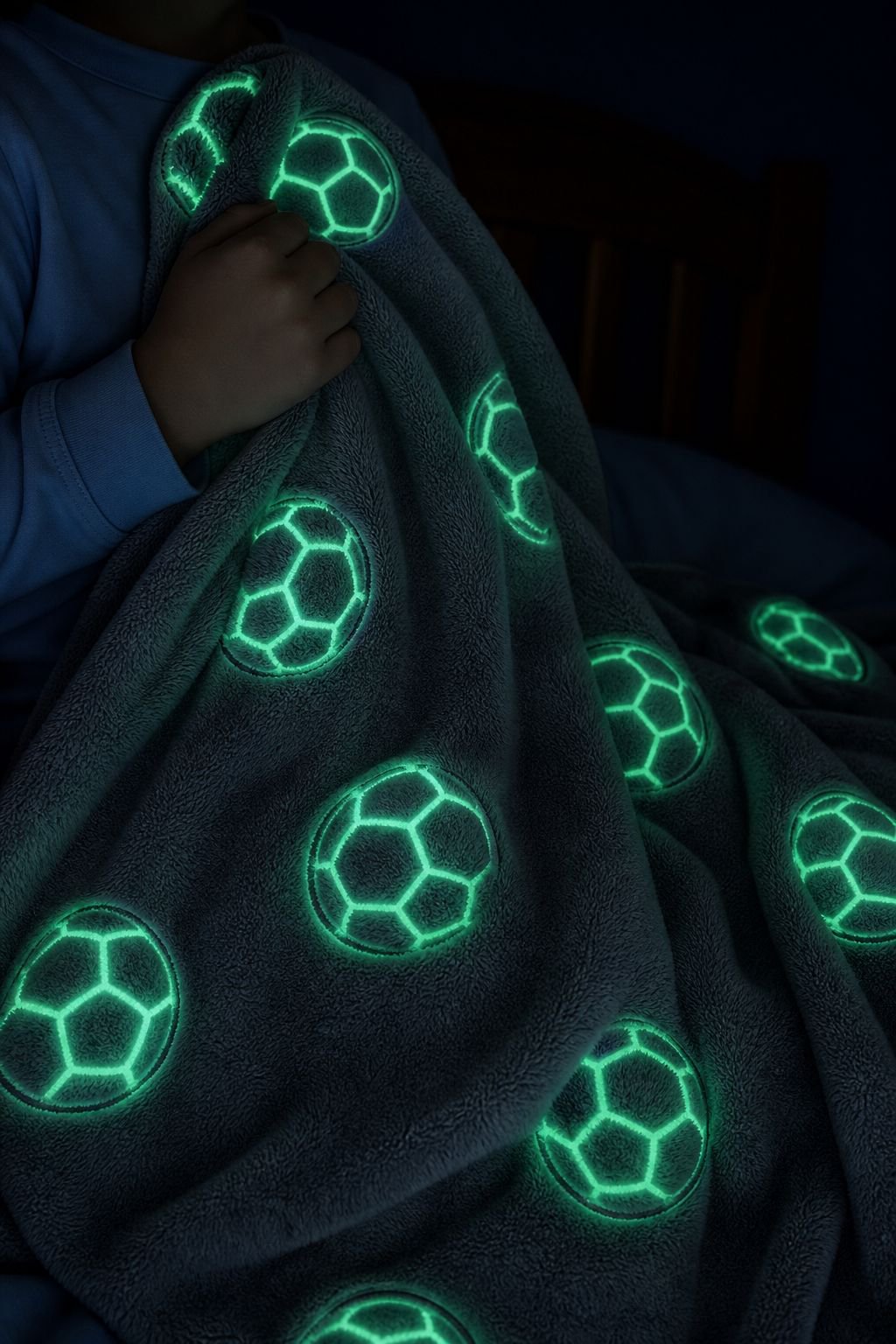Close-up of glowing soccer ball pattern on blanket