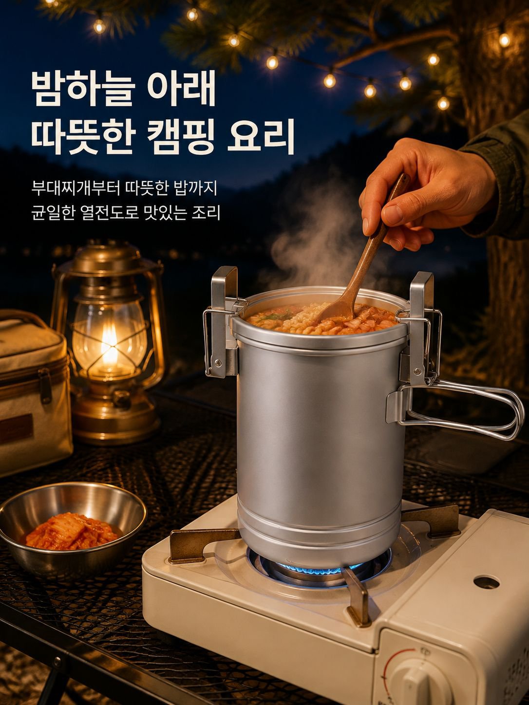 캠핑용 밥솥 뚜껑과 손잡이 디테일