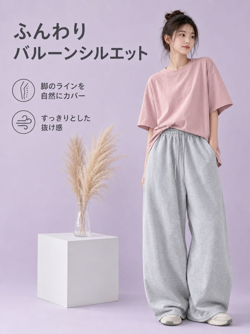 万能なカーブドワイドレッグ無地スウェットパンツ