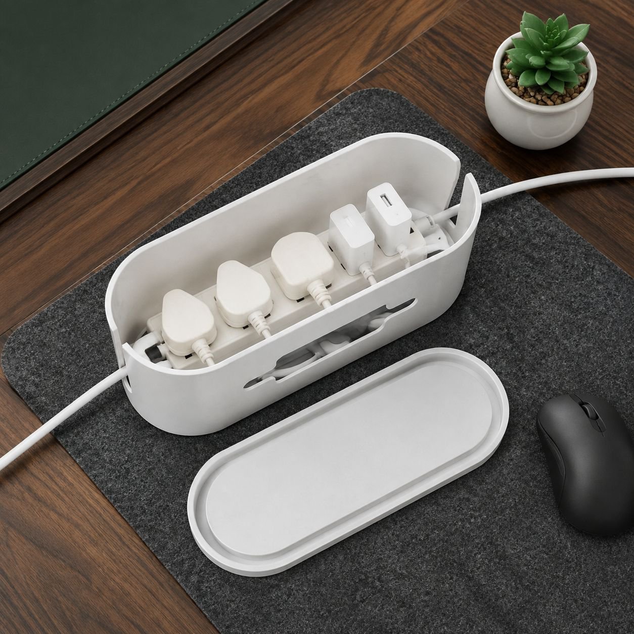 Organized cables inside ABS power strip storage box