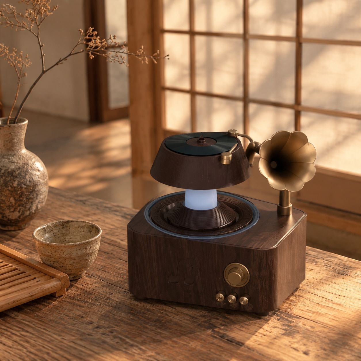 レトロ蓄音機型雨滴アロマディフューザー、リモコン付き、7色アンビエントライト、家庭用エッセンシャルオイルディフューザー、静音ワイヤレス加湿器