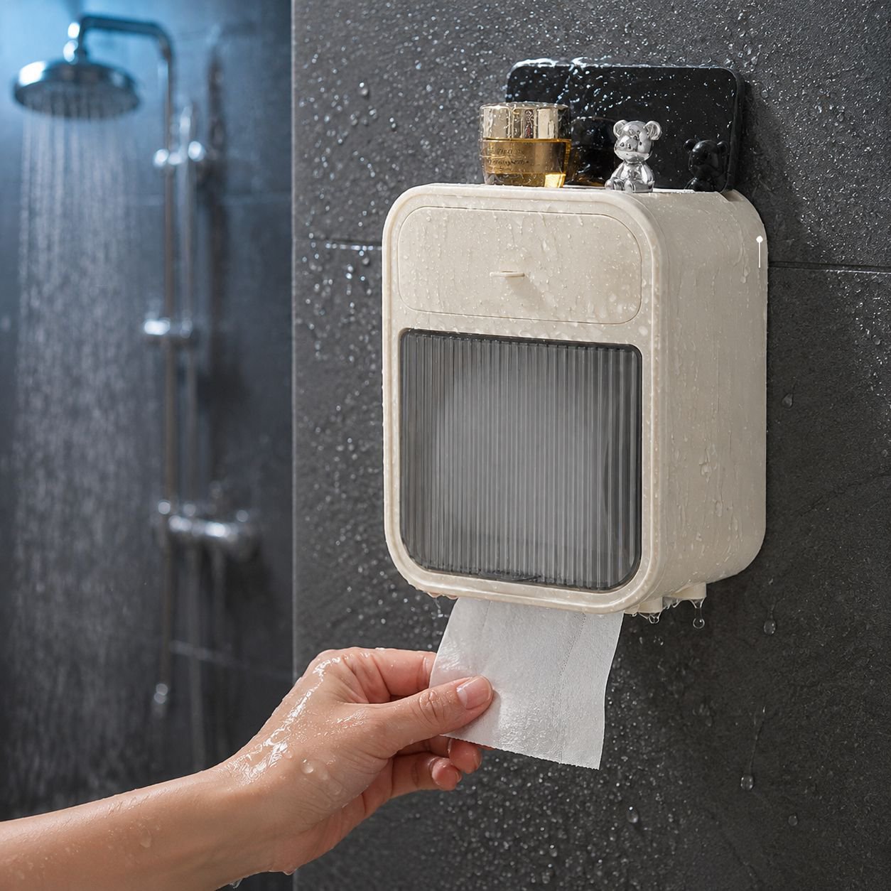 Waterproof Bathroom Tissue Box, No-Drill Wall Mounted Toilet Paper Holder