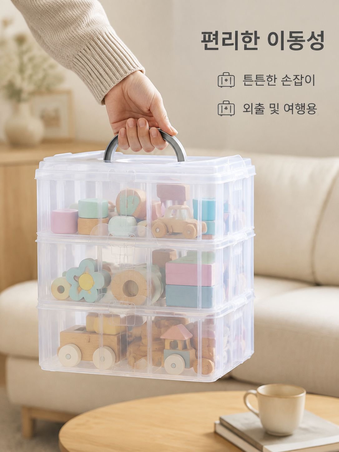 휴대용 3단 투명 수납박스 분리형 블록 장난감 정리함