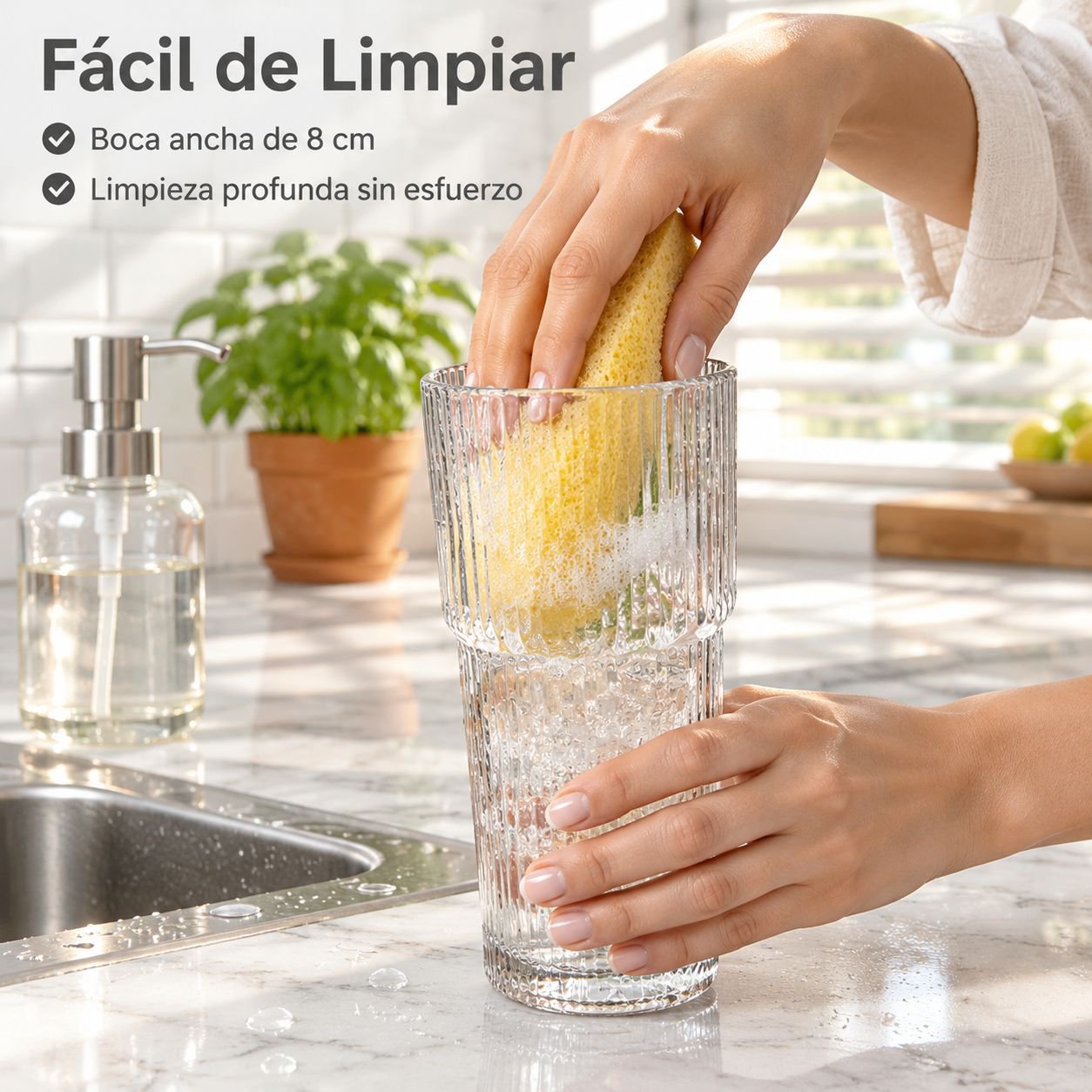 Taza de café de vidrio de alta calidad con rayas verticales, tapa y pajita