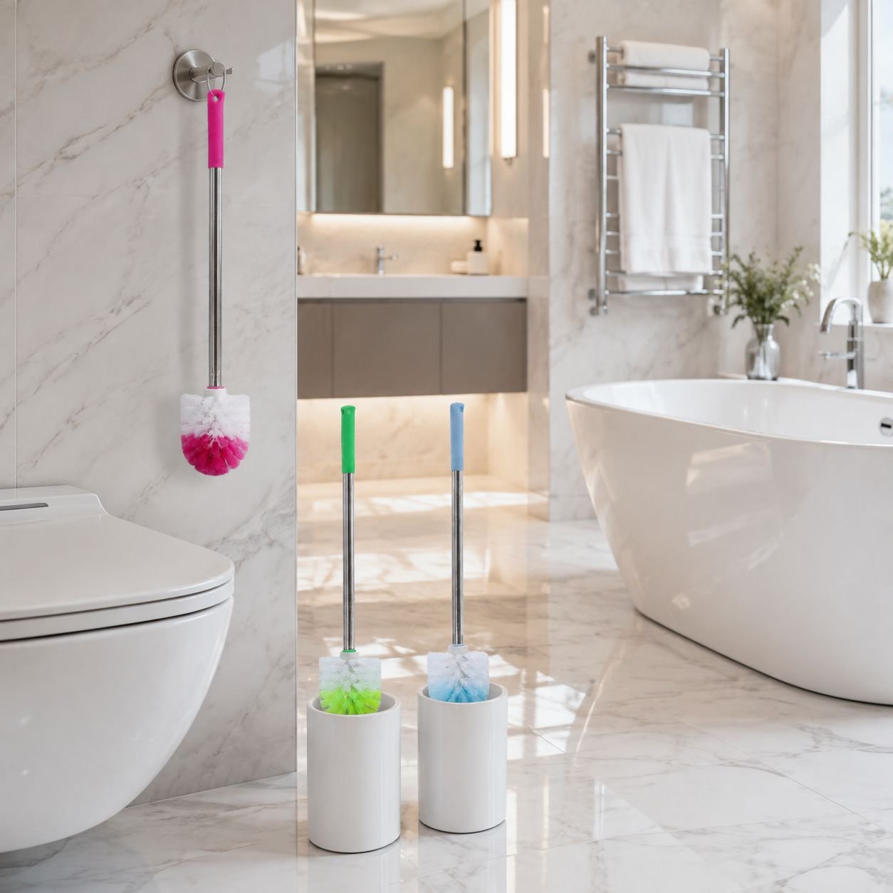 Compact toilet brush with sturdy stainless steel handle
