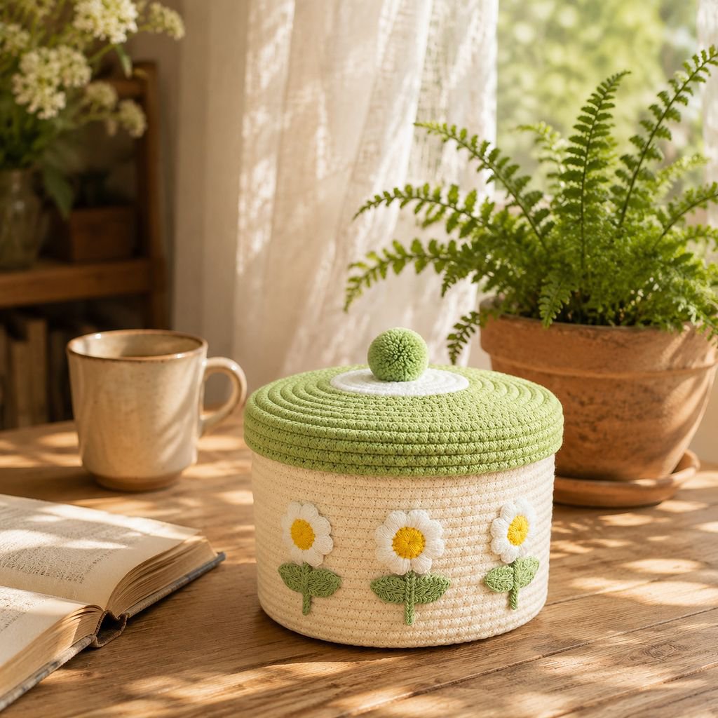 Lidded Cotton Woven Storage Basket