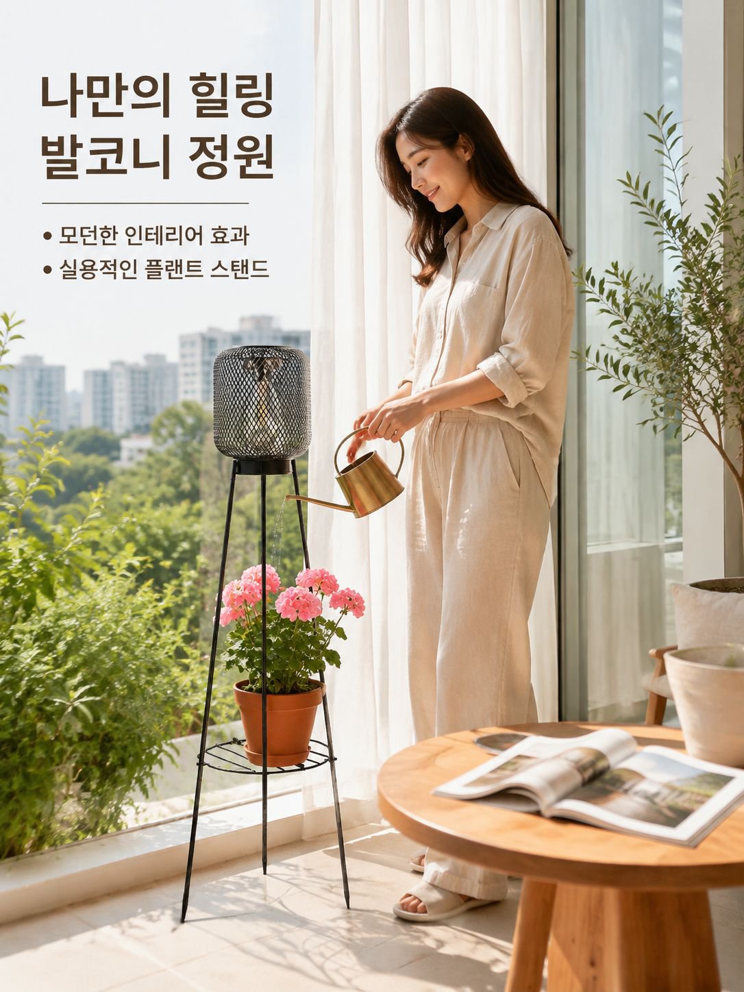 야외 발코니 꽃바구니 삼각대 태양광 장식등
