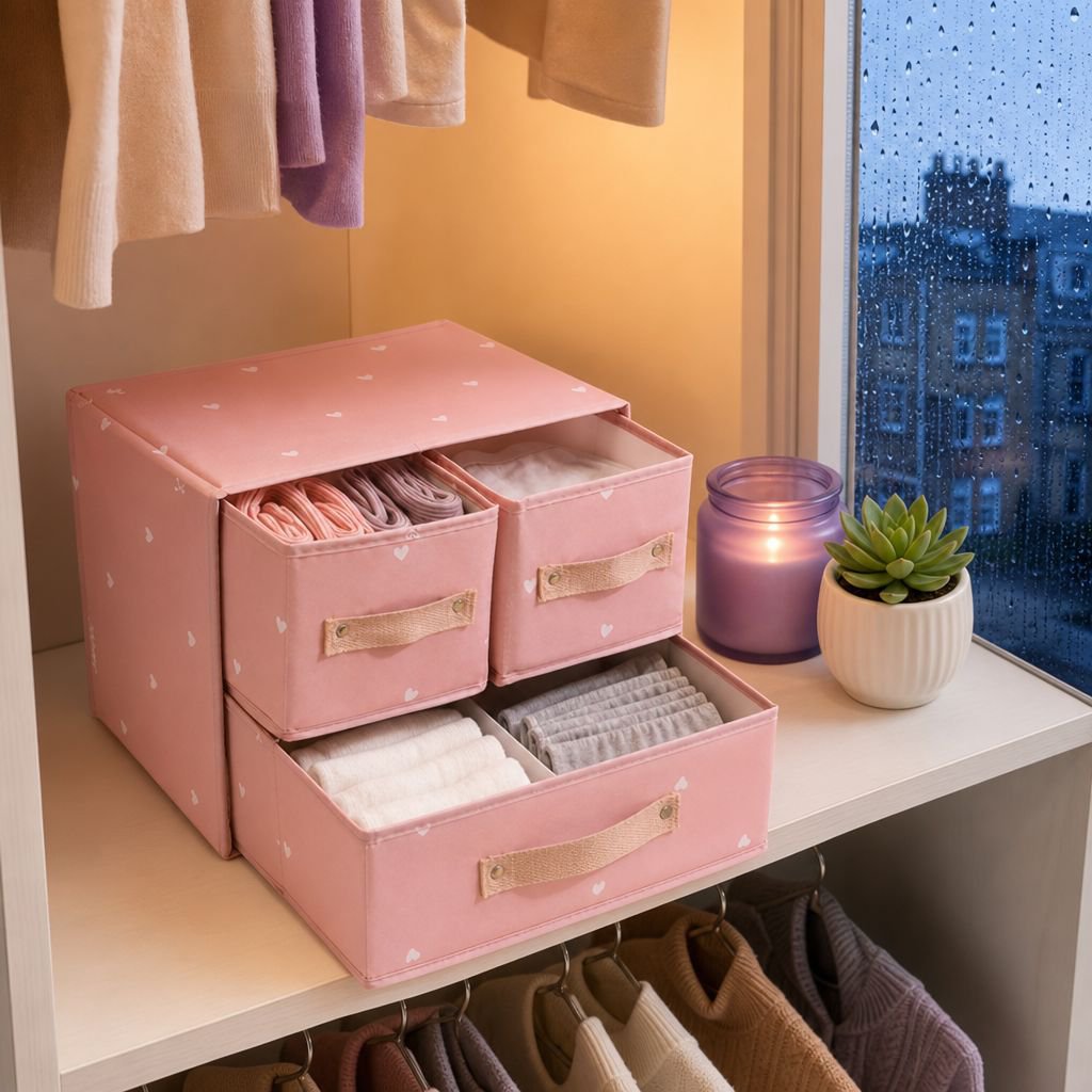Fabric storage box organizing clothes and accessories