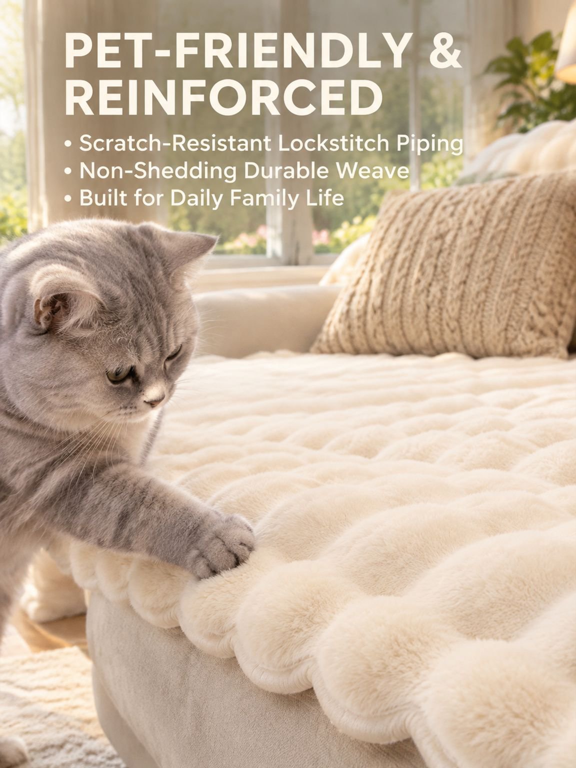 Faux rabbit fur sofa cover styled in a cozy living room