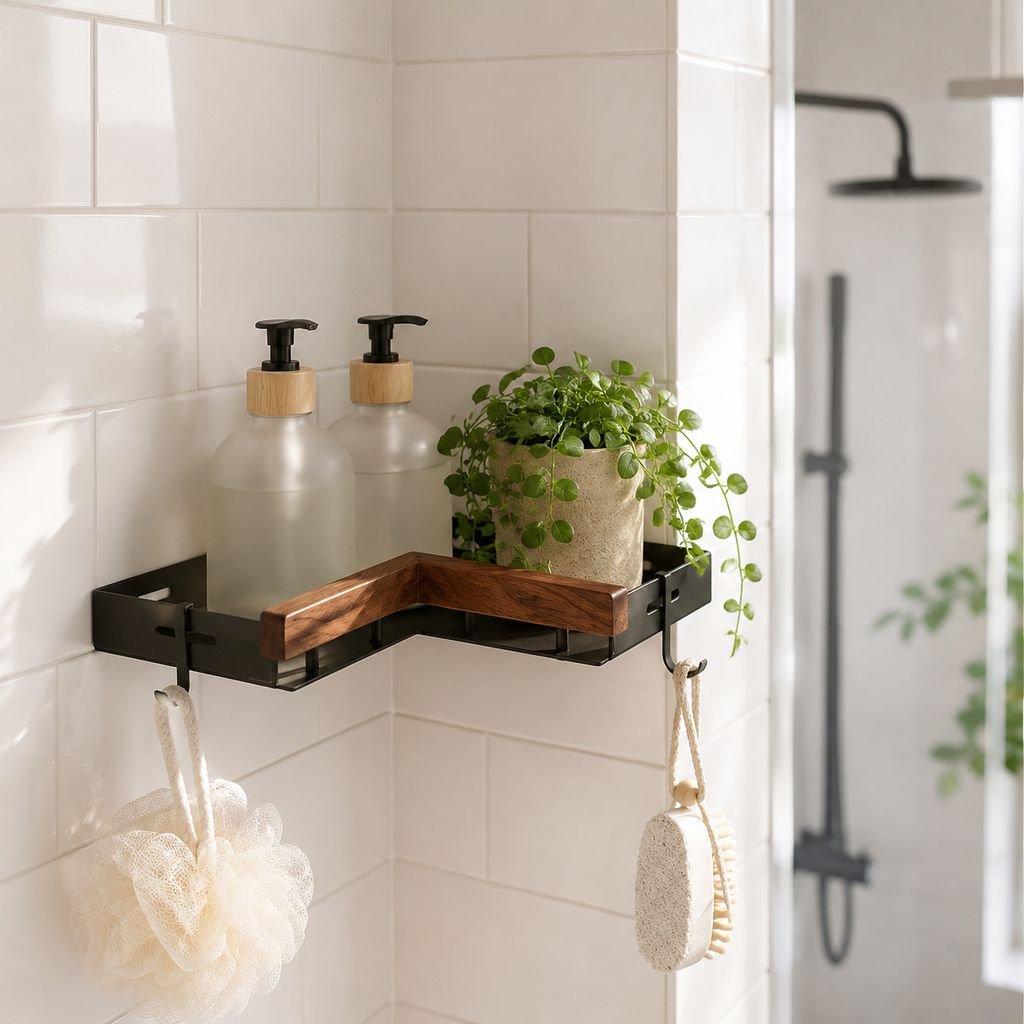 Solid wood wall-mounted storage rack above bathroom sink