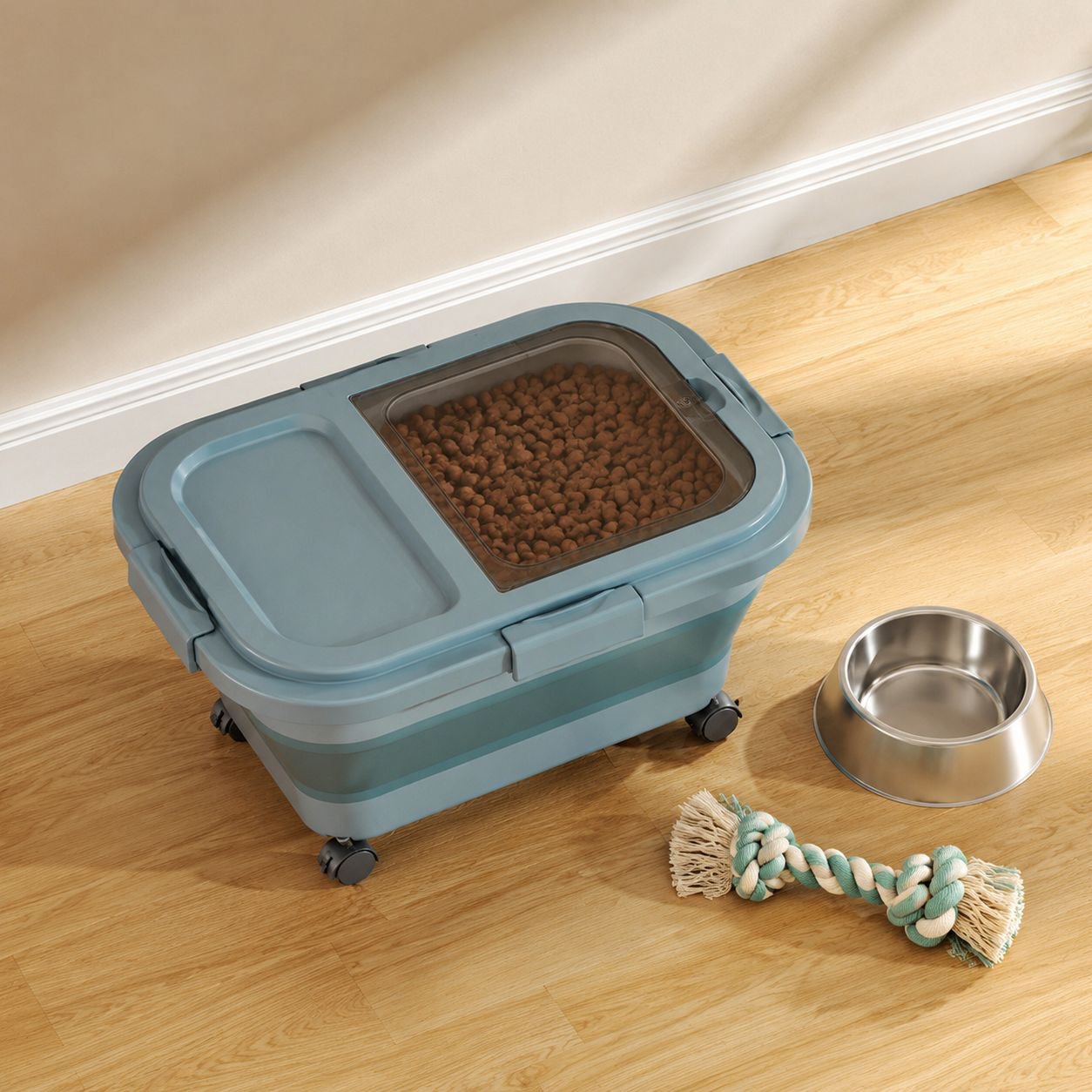 Collapsible grain storage box saving pantry space