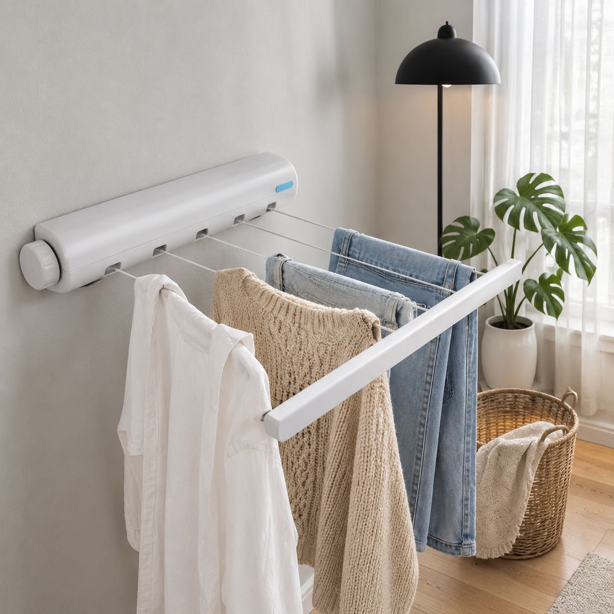 Automatic Retractable Multi-Line Clothesline with Hooks