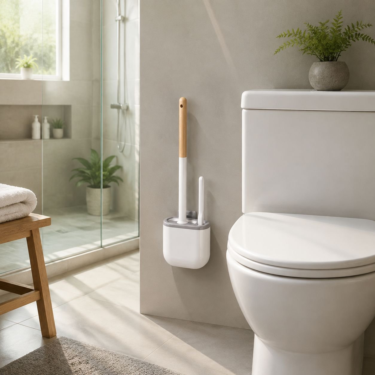 No-Drill Wall-Mounted Silicone Toilet Brush Set with Long Handle