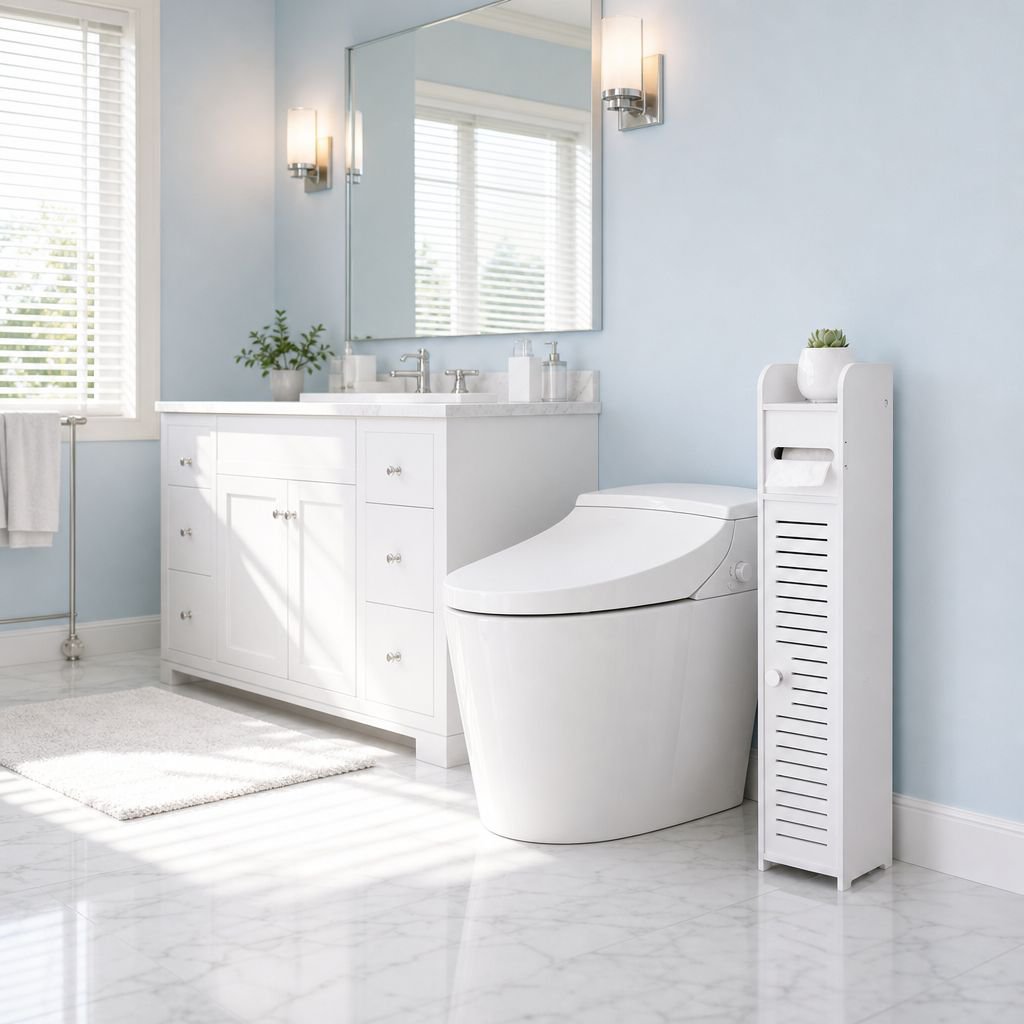 Space saving bathroom rack between toilet and sink