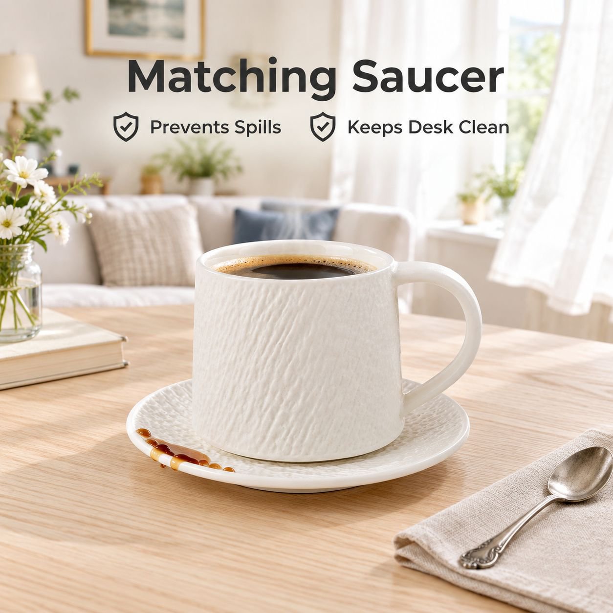 Premium vintage-style stoneware coffee cup and saucer set