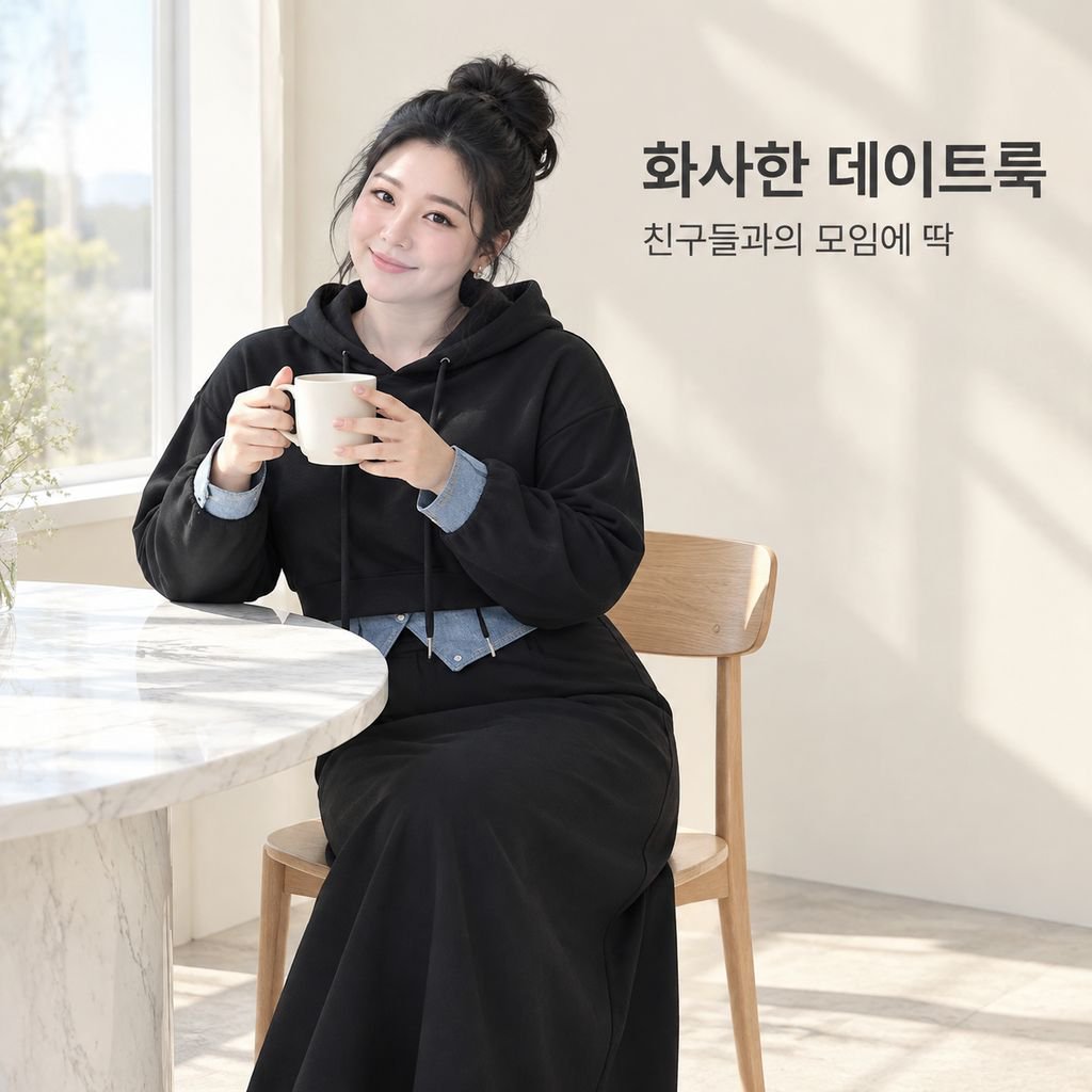 빅사이즈 여성 가을 후드 세트패션 트렌디한 날씬해 보이는 미디스커트 투피스