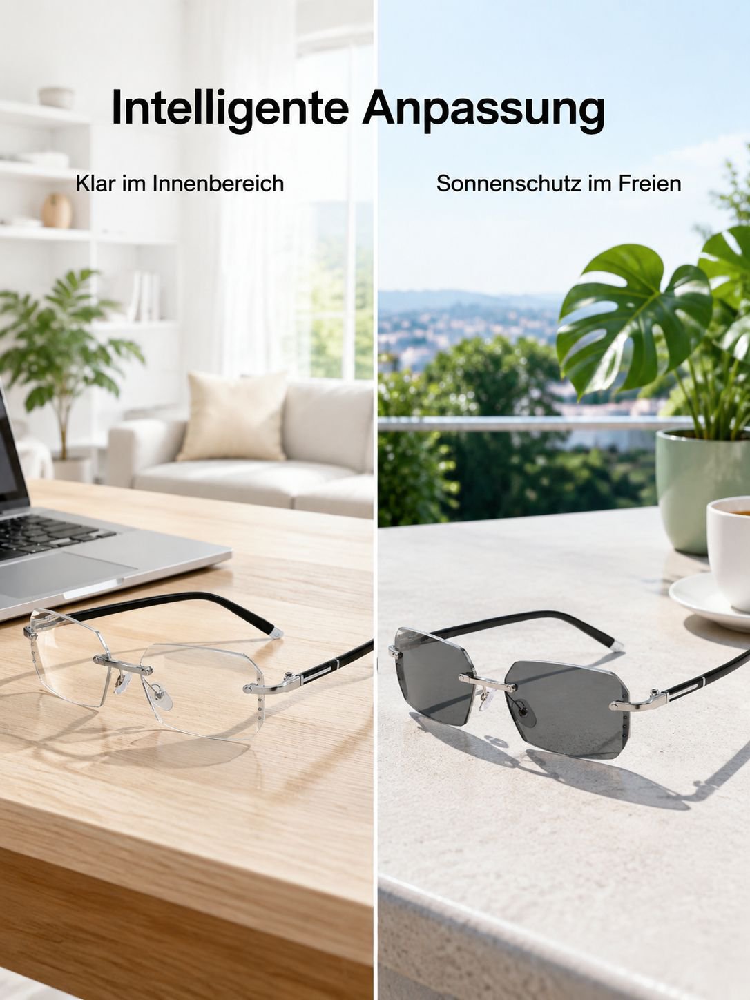 Randlose Blaulichtfilter Gleitsichtbrille mit photochromatischen Gläsern