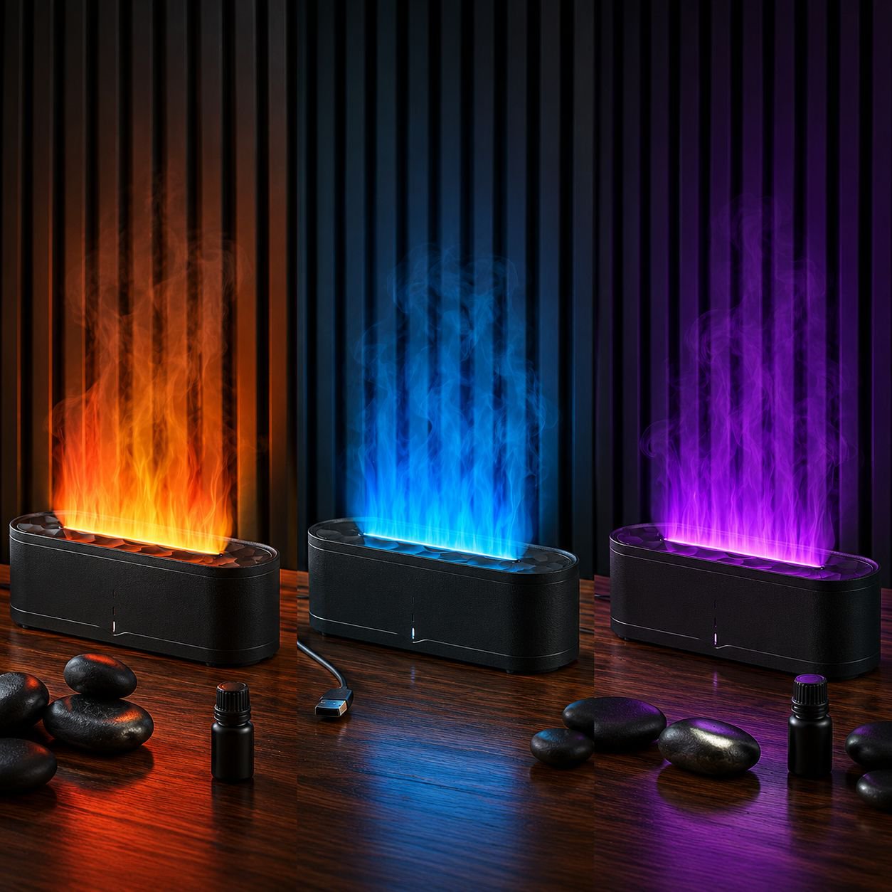 Difusor de aroma con llama simulada, lámpara multicolor y humidificador para casa