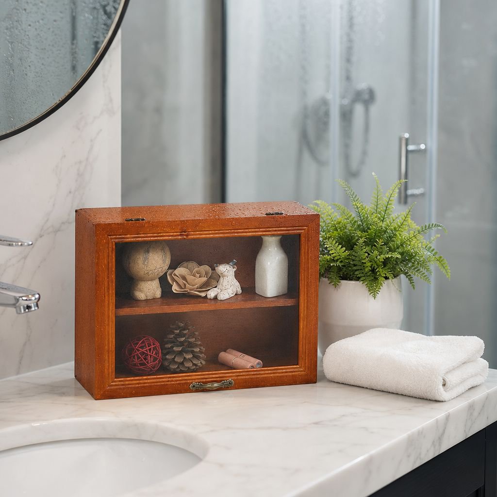 Elegant vintage cosmetics box with glass doors for dust protection