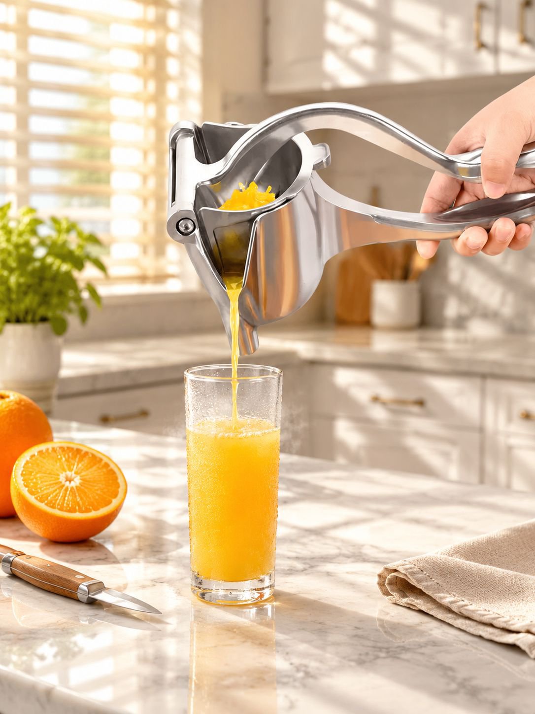 Top view of Manual Citrus Juicer Cup with fresh orange juice