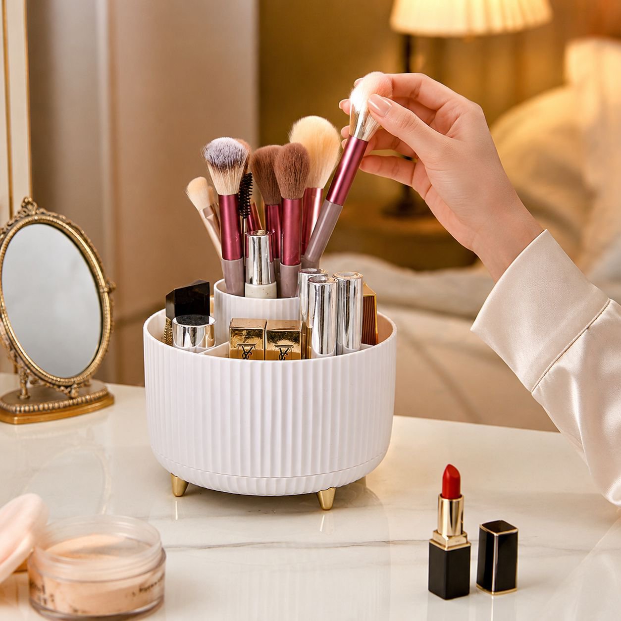 Space-saving cosmetic storage box for vanity
