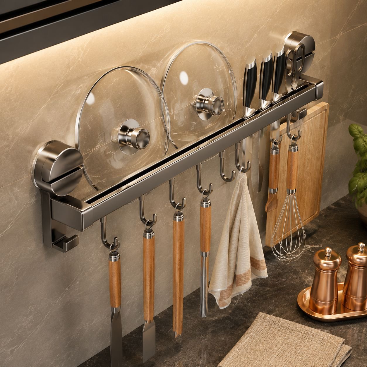 Kitchen storage organizer with gunmetal gray hanging bar on white wall