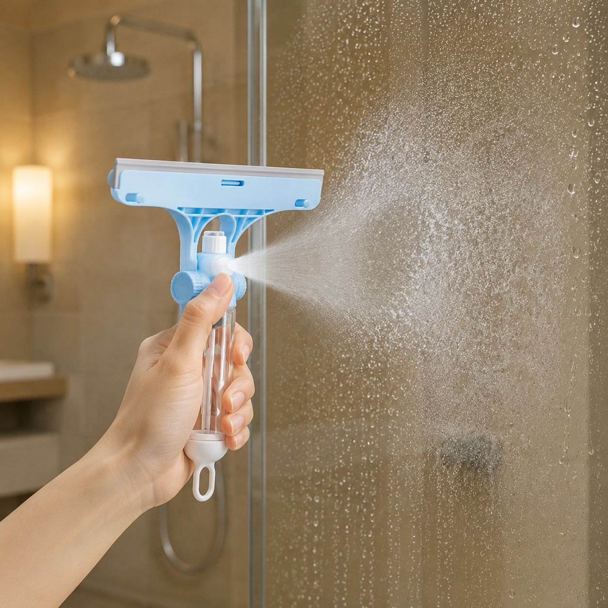 Mopa ergonómica con raspador y botella de spray, diseño de almacenamiento conveniente