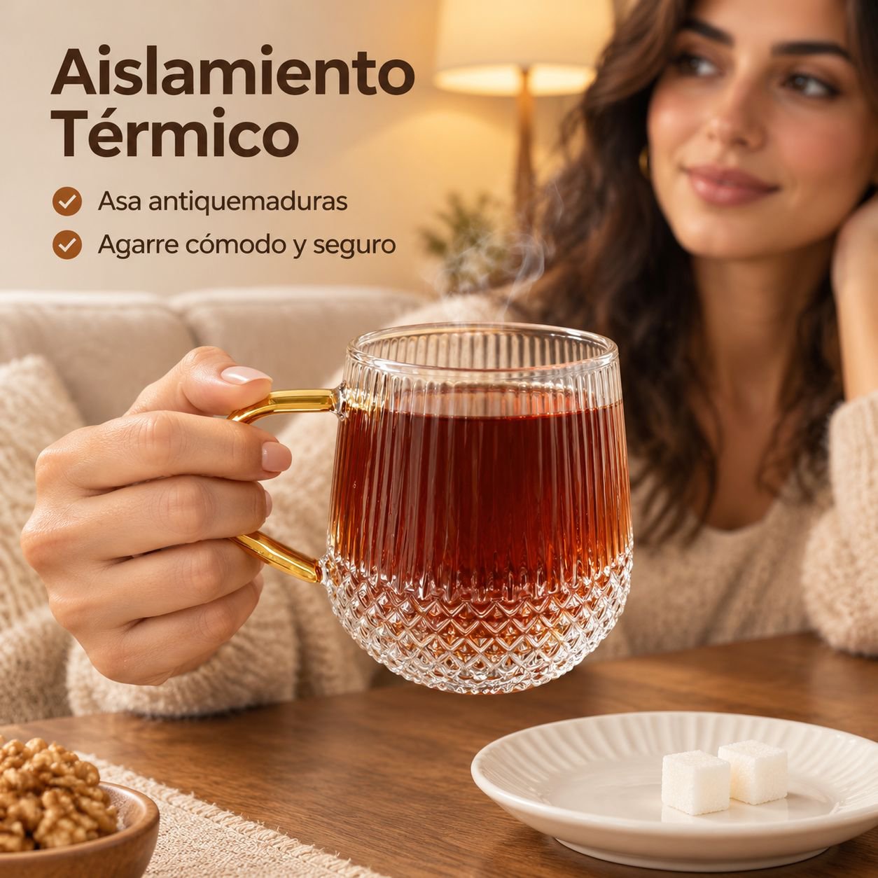 Vaso de vidrio de borosilicato de alta calidad con asa y rayas verticales