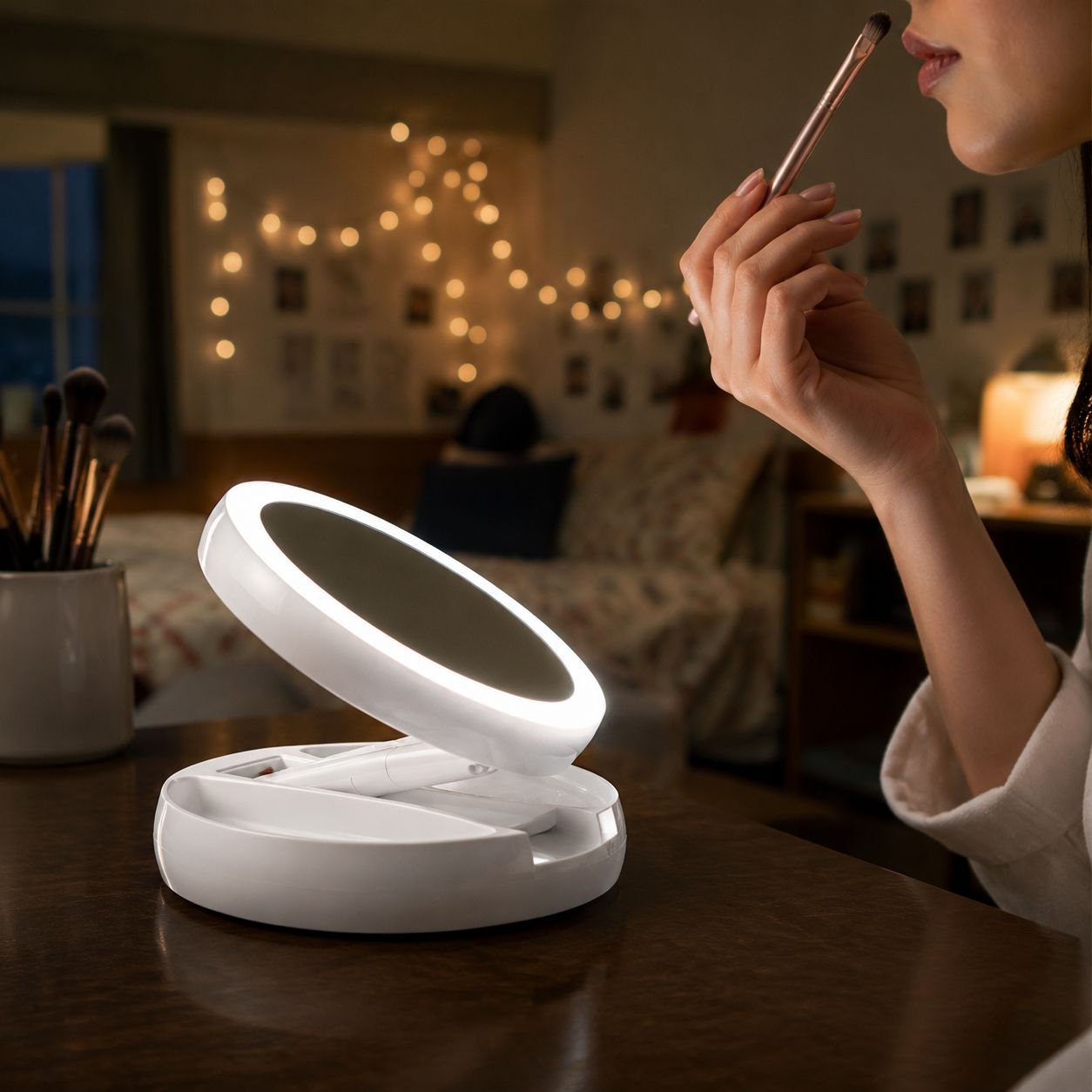 Magnifying cosmetic mirror with foldable stand