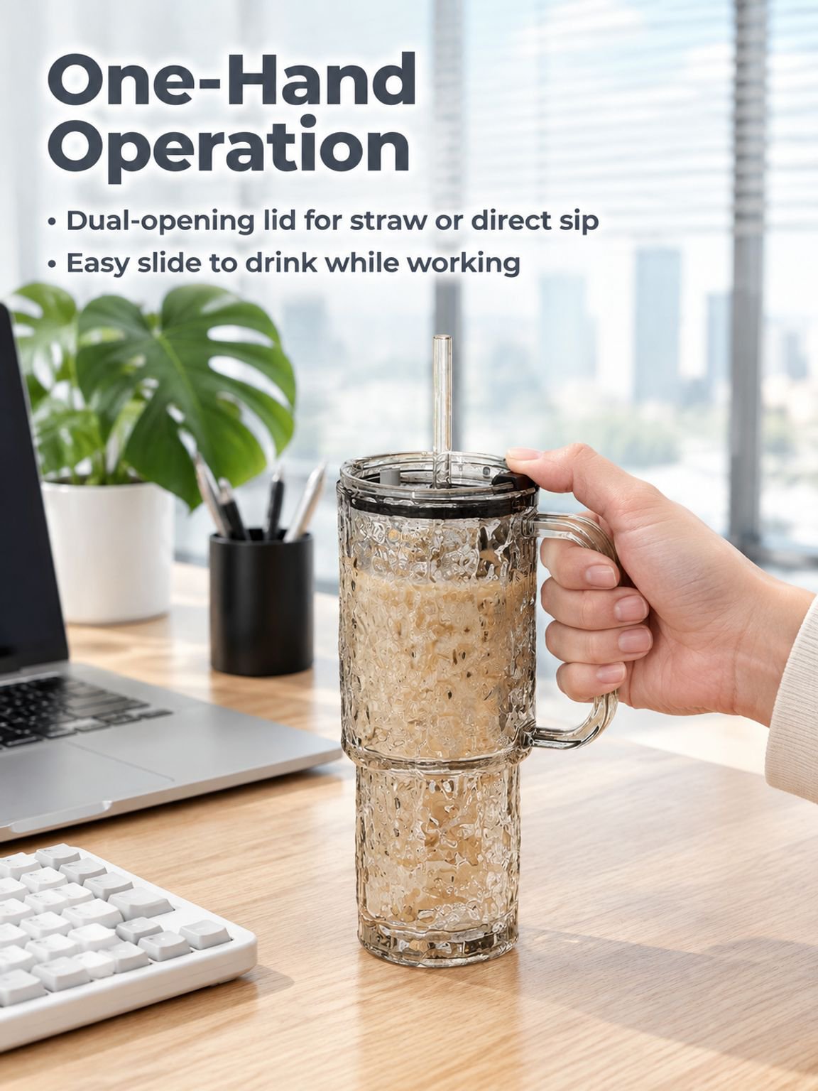 Large reusable drink glass with a convenient carry handle