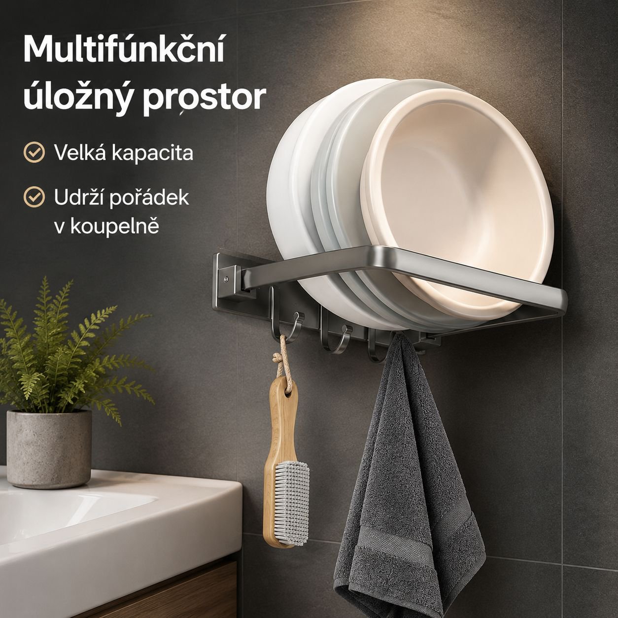 Skládací držák na umyvadlo do koupelny, montáž bez vrtání