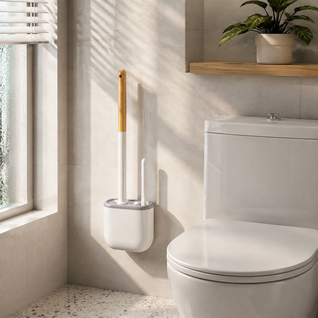 No-Drill Wall-Mounted Silicone Toilet Brush Set installed in bathroom