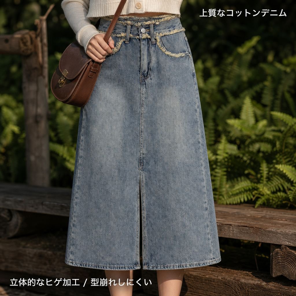スリムに見せてくれる万能な黒のハイウエストデニムミディスカート