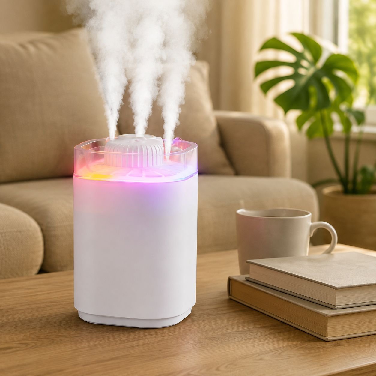 Modern Colorful Ambient Lamp Large Humidifier Triple Nozzle Efficient Sprayer