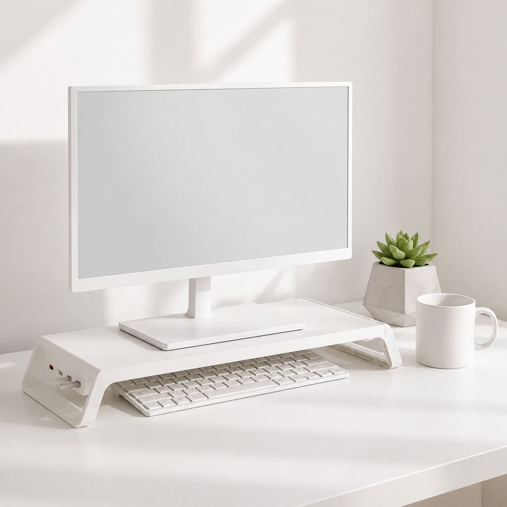 Monitor-Halterung mit USB-Port und Aufbewahrungsregal am Schreibtisch