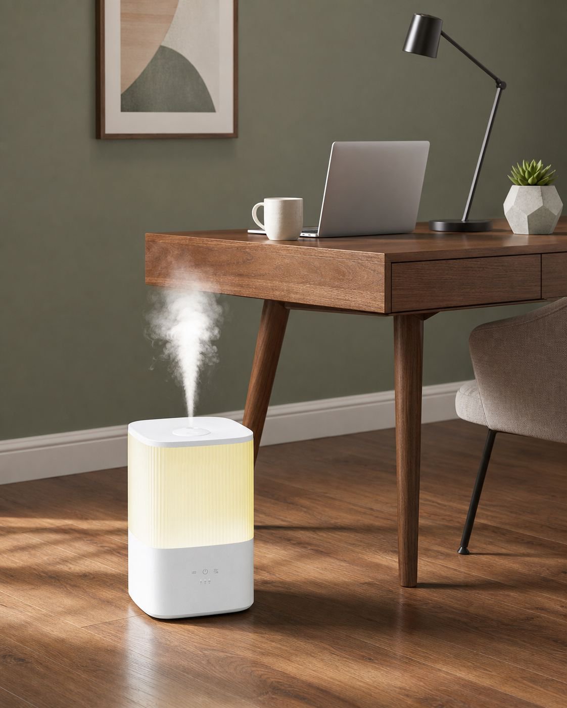 Compact air purifier and humidifier for living room