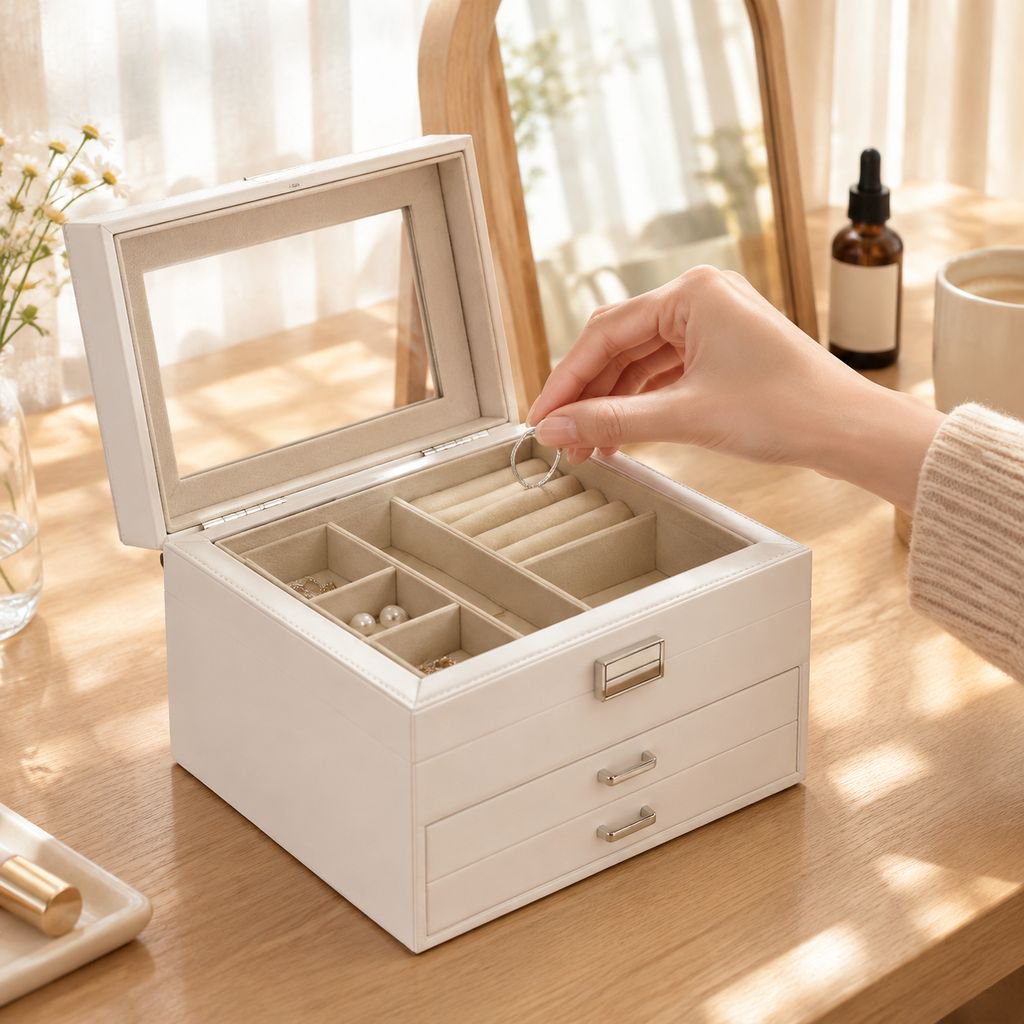 指輪、イヤリング、ネックレス、ブレスレットなどのジュエリーを収納できる家庭用ジュエリー収納ボックス。窓付き引き出し付き。