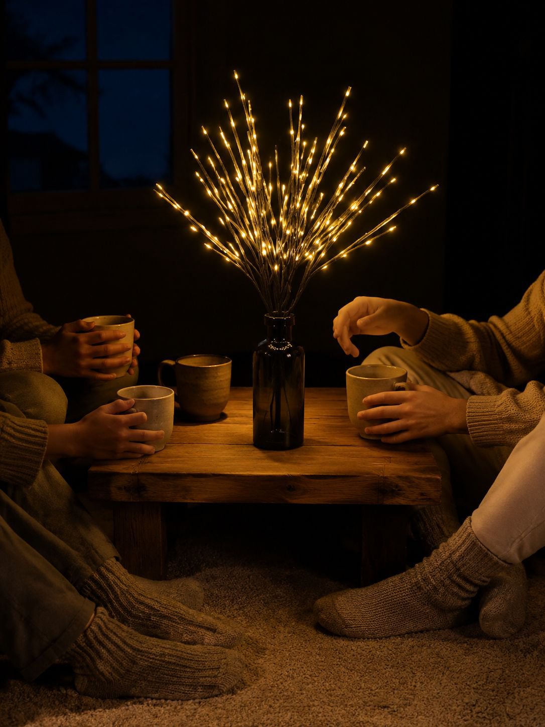 Detalle de ramas de madera con luces LED cálidas
