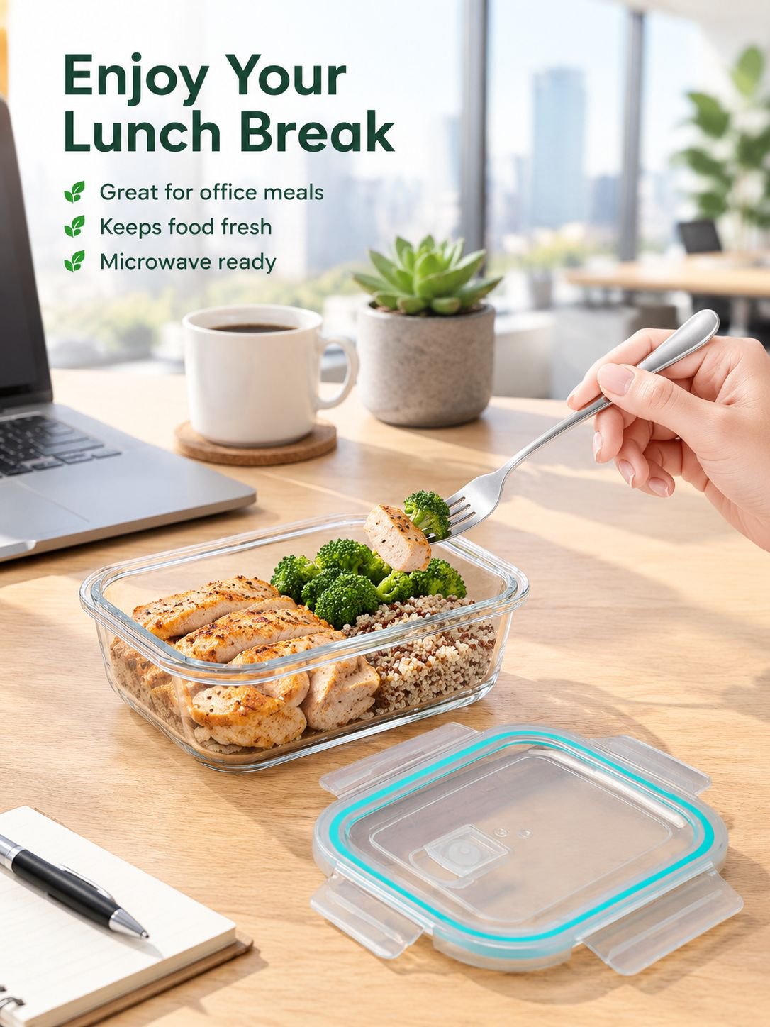 Modern glass food storage container with compartments and protective lid
