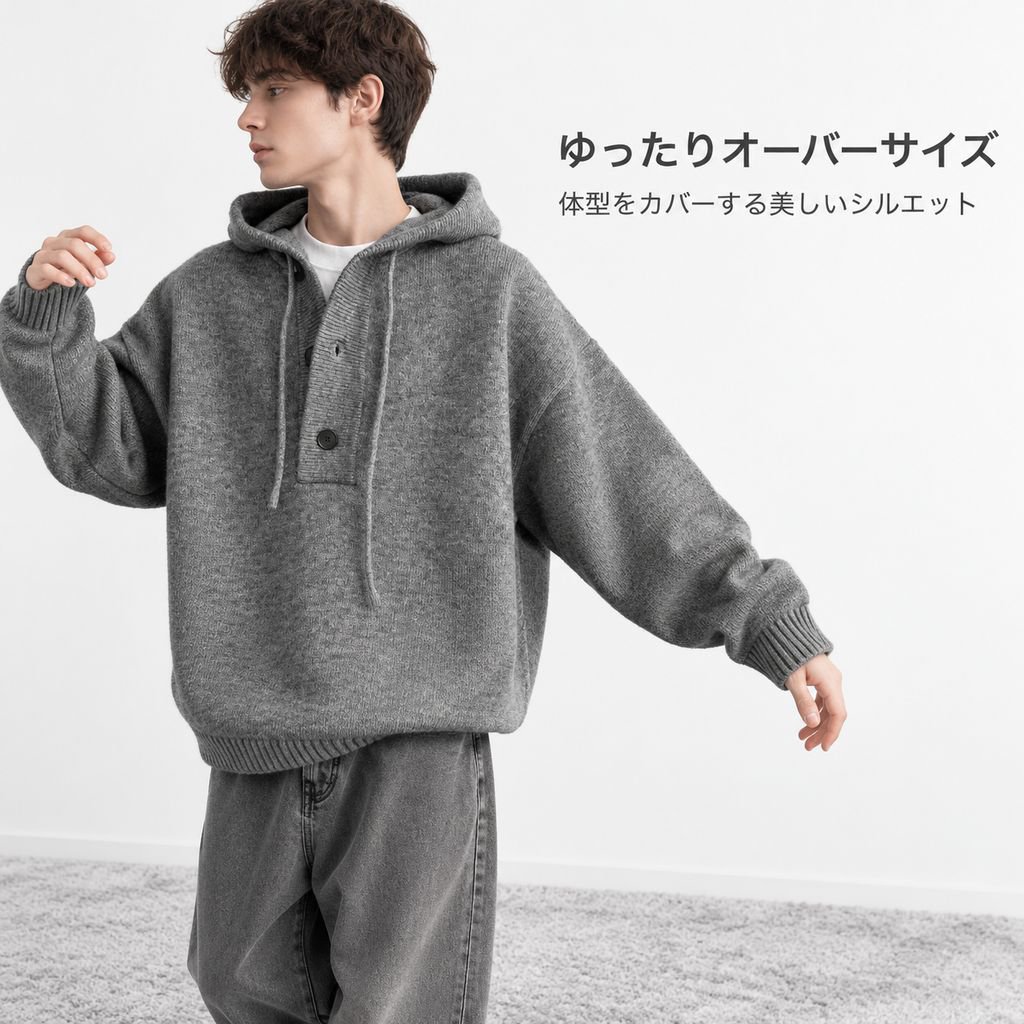 秋冬ゆったりルーズシルエットハーフボタンニット