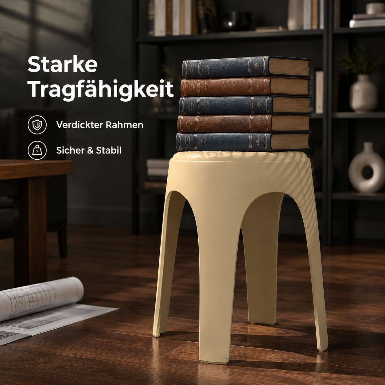 Stapelbarer, gepolsterter, runder Kunststoffhocker, verstärkte Ausführung für zu Hause