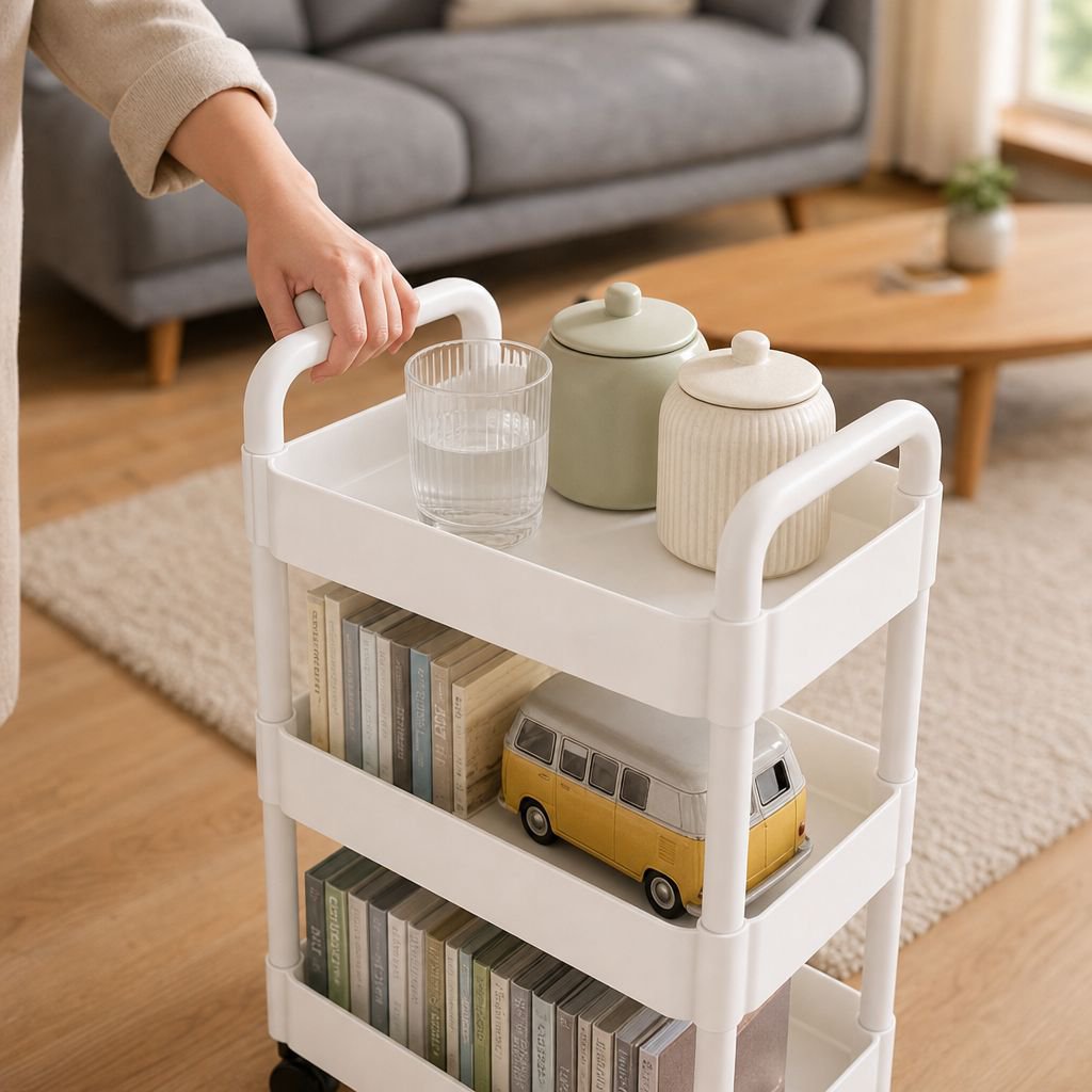 Freestanding kitchen rack holding apples, oranges, and chips