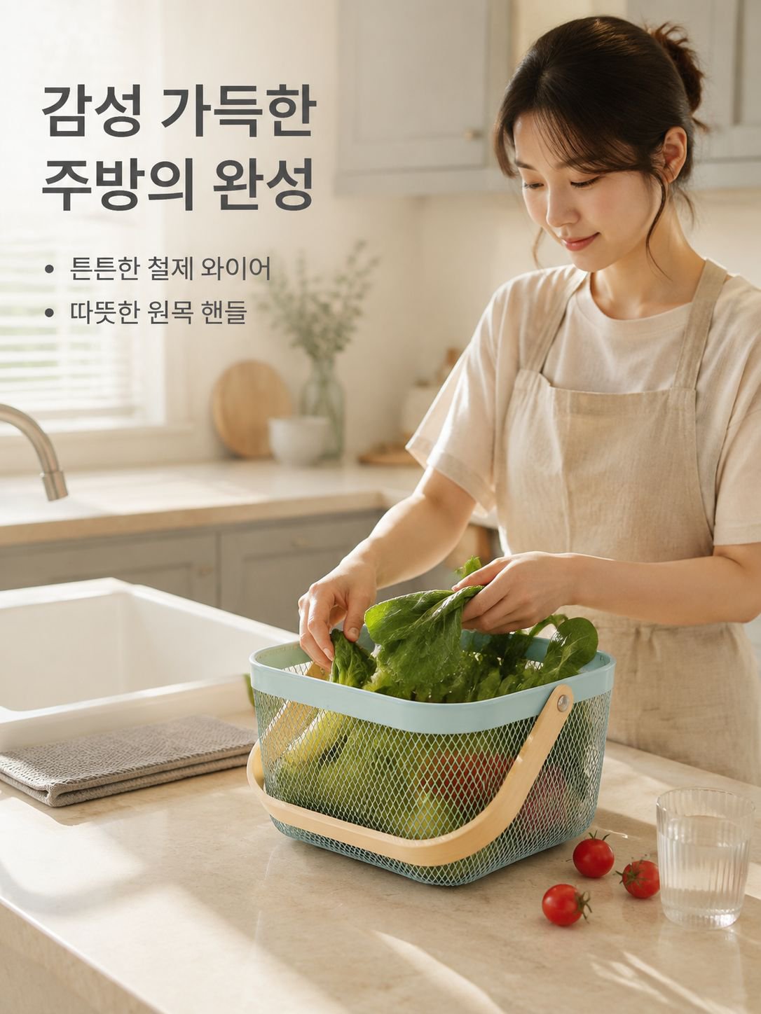 다용도 수납 철제 바구니 나무 손잡이 과일 바구니 물빠짐 바구니