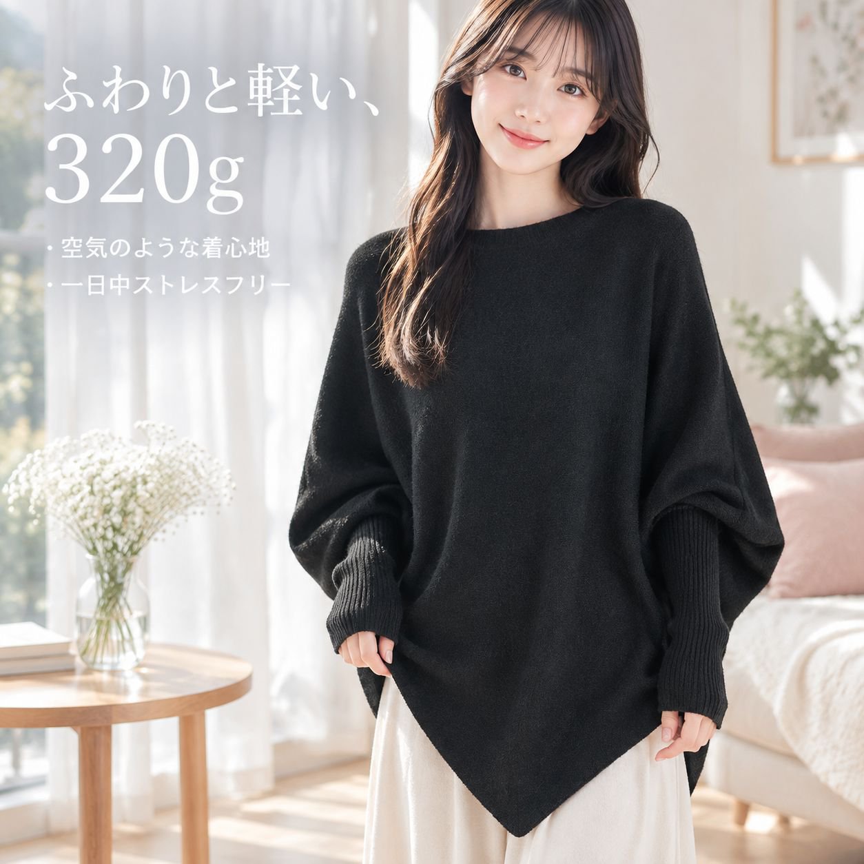 女性用軽量ロング・アシンメトリー・バットウィングスリーブ・セーター