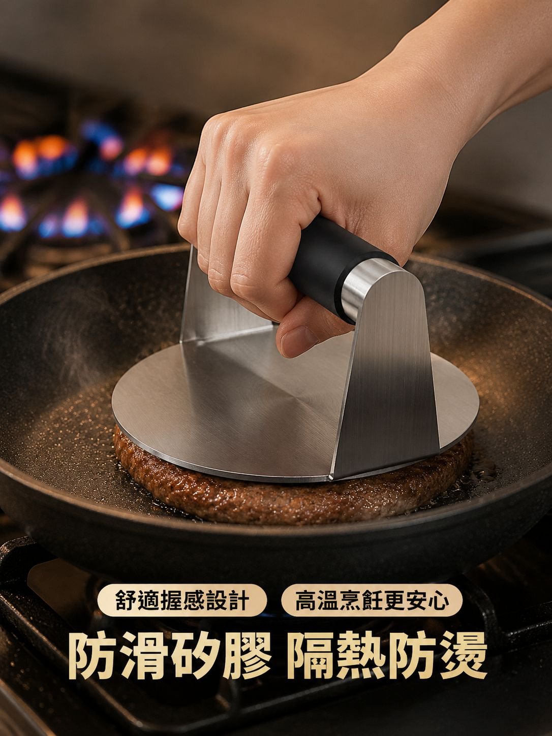 不銹鋼圓形漢堡壓肉器手動矽膠柄壓餅器