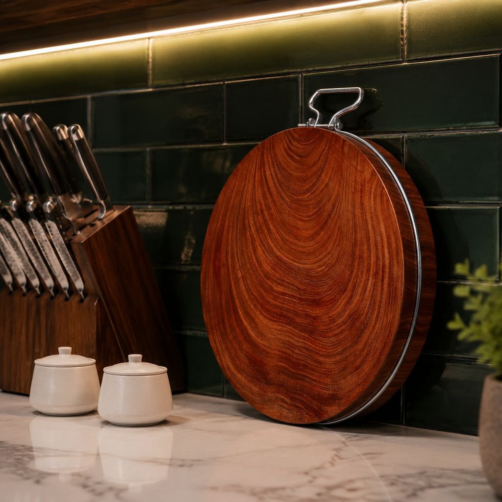 Home kitchen countertop with thickened wooden chopping board